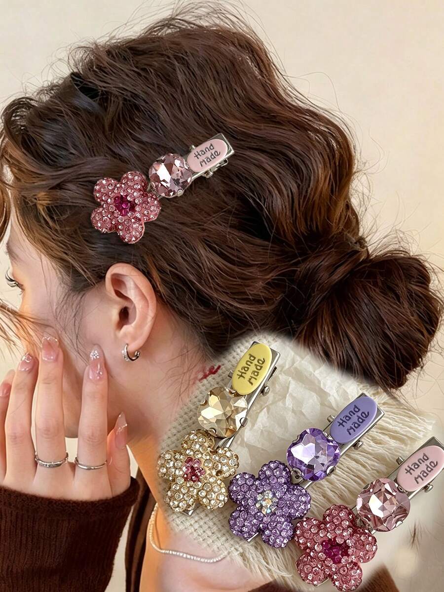 1pc Colorful Dopamine Girl Full Rhinestone Flower Alligator Hair Clip Exquisite Cute Sweet Forehead Fringe Hair Clip For Women,Clips For Hair - Multicolor - View 1