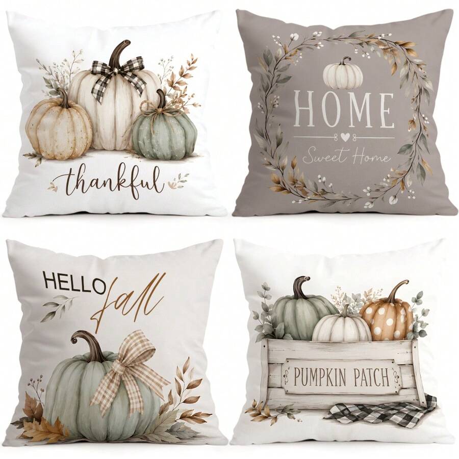 4pcs/1pc Off-White Pumpkin Autumn Pattern Pillow Case Without Insert, Single-Sided Printed Pillow Case, Suitable For Living Room Bedroom Home Decor, All-Season Pillow Case - Multicolor - View 1