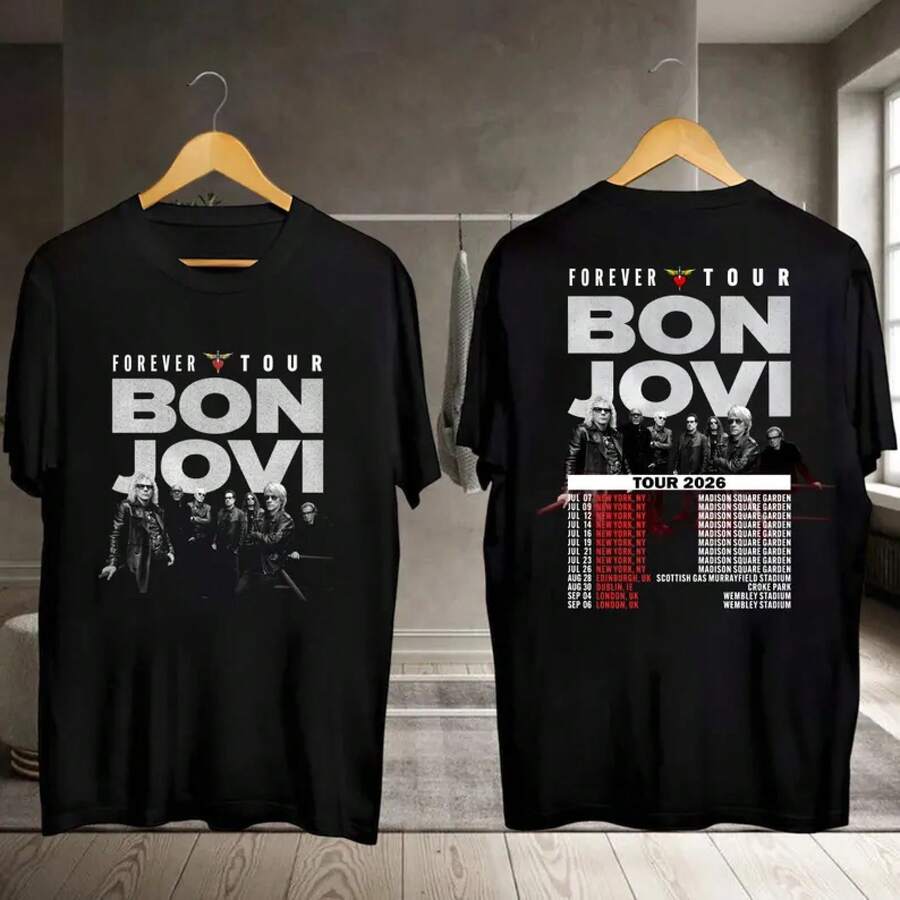 Bon Jovi Forever Tour 2026 T-Shirt, Bon Jovi Concert T-Shirt, Bon Jovi Rock Band T-Shirt, Gift For Bon Jovi Fans, Bon Jovi 80s T-Shirt, Bon Jovi Merchandise - 黑色 - 查看 1