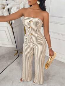 AIJ Amarilo Elegant Women's Strapless Gold Buckle Striped Two Pieces Set, Made Of Medium Stretch Fabric, Creating A Sexy Casual Look Summer - Apricot - View 5