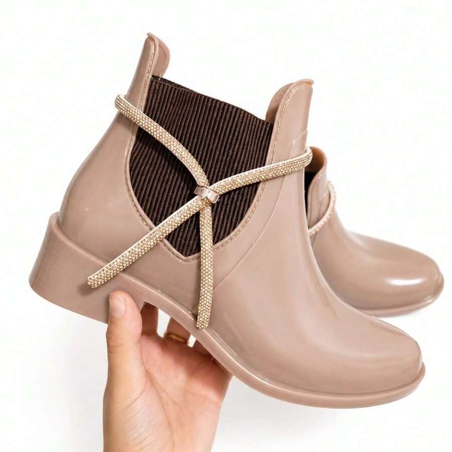 Women's Short-Shaft Rain Boot For Cold And Rain, Autumn/Winter Collection, New Release. - Bege-strass - View 1