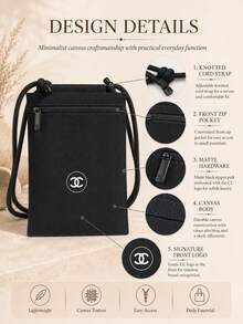 Chanel 黑色帆布斜跨拉鍊小包 13*19cm，耐用帆布材質，可調節抽繩肩帶，適合收納手機等物品，適合個人使用或送禮 - 黑色 - 查看 5