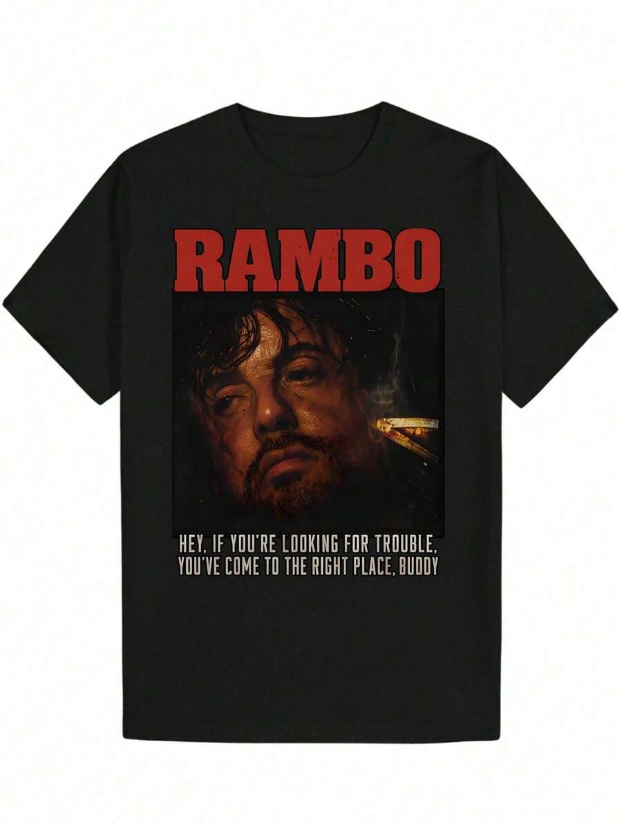 Camiseta de Verano Casual para Hombre de Cuello Redondo de Poliéster con Retrato - Negro - Ver 1