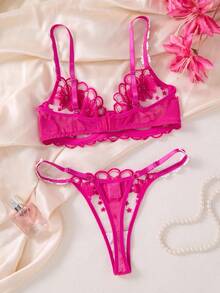 ROMWE Y2K 1 Set 2pcs Women's Rose Red Embroidered Floral Daily Lingerie Set, Comfortable Home Style Ultra Short Top And Thong - Rose Red - View 2