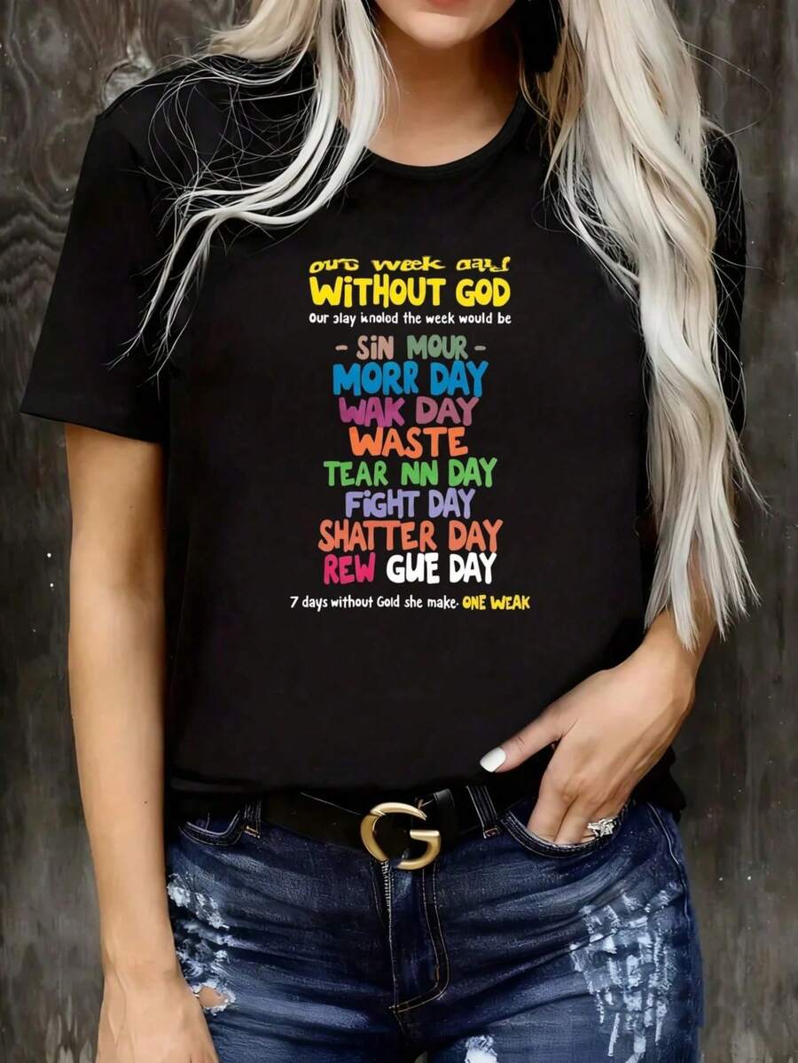 2026 Nueva camiseta casual popular para mujer "Nuestra semana sin Dios" D￭a sin pecado, D￭a sin muerte, D￭a sin caminar, D￭a sin desperio, D￭a sin l£grimas, D￭a sin lucha, D￭a sin romper