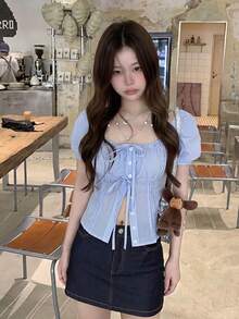 Women's Striped Short Sleeve Bow Square Neck Blouse Summer - Blue - View 7