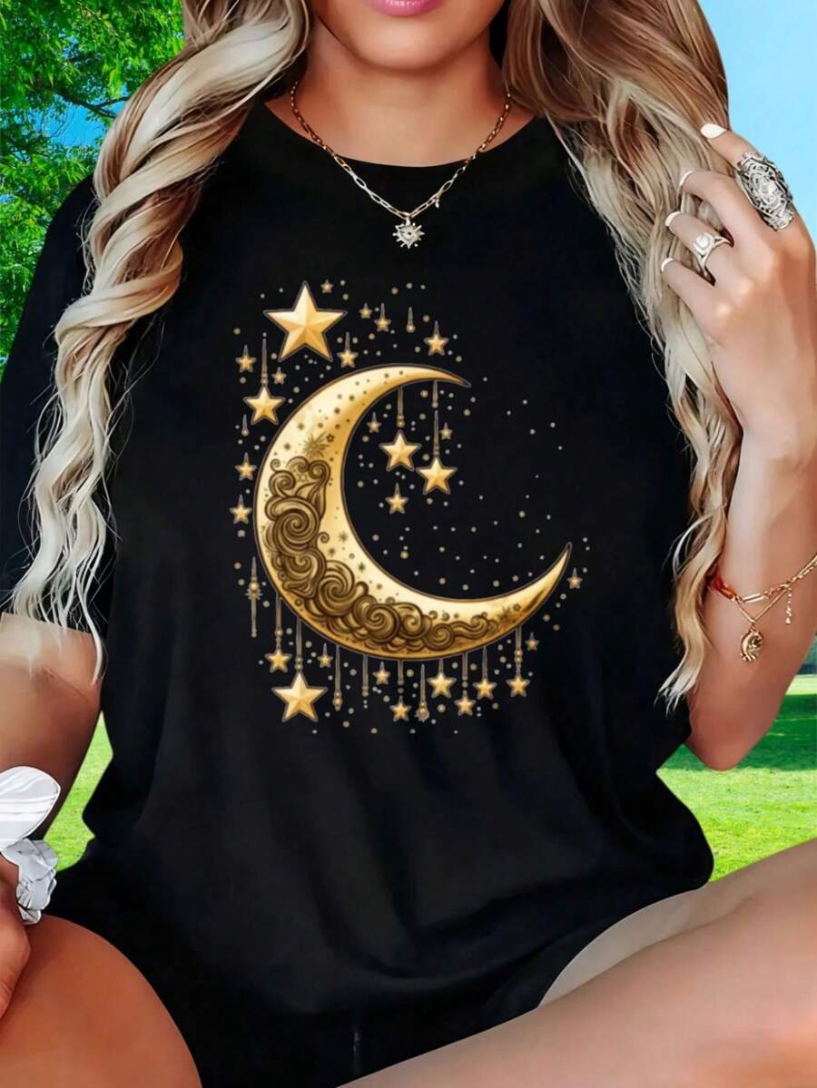 Camiseta casual de mujer con estampado de luna dor y estrellas, estilo bohemio, atuendo de verano para mujer