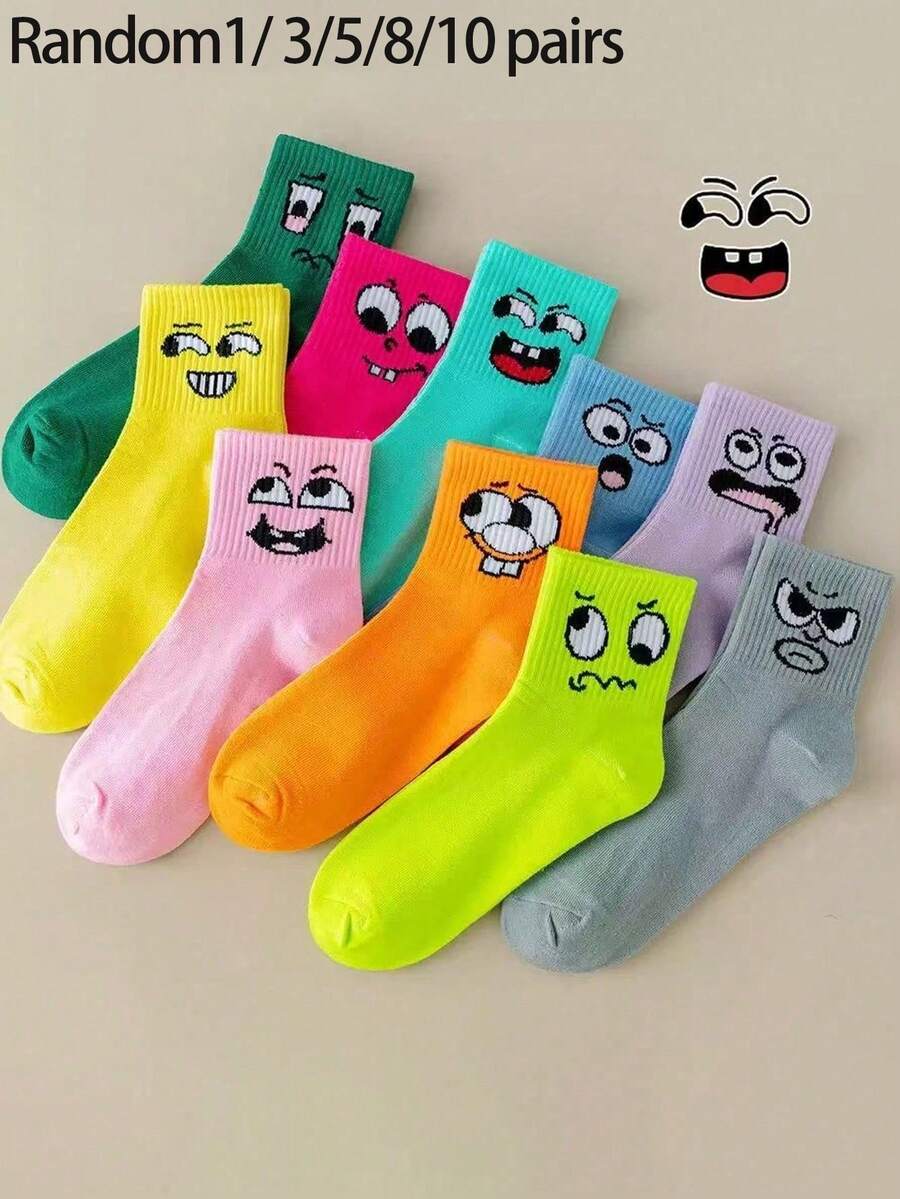1/3/5/8/10 Pairs Random Style Women's Mid-Calf Socks, Spring/Summer Cute Smiling Face Cartoon Pattern, Comfortable Fashionable Personalized Socks - Multicolor - View 1