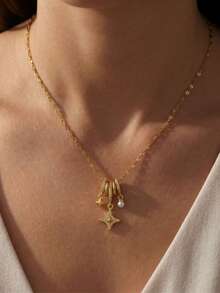1pc Fashionable Elegant Faux Pearl Star Pendant Necklace, Luxury Design Sense Women's Collarbone Chain, Versatile Style - Multicolor - View 6