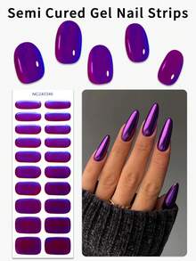 20Pcs Glossy Mirror Semi-Cured Gel Nail Strips,Cool Electroplated Purple Design Self-Adhesive Gel Nail Stickers, Salon Quality, Easy To Apply,Perfect For Women's Parties And Music Festival Manicures - Violet Purple - View 13