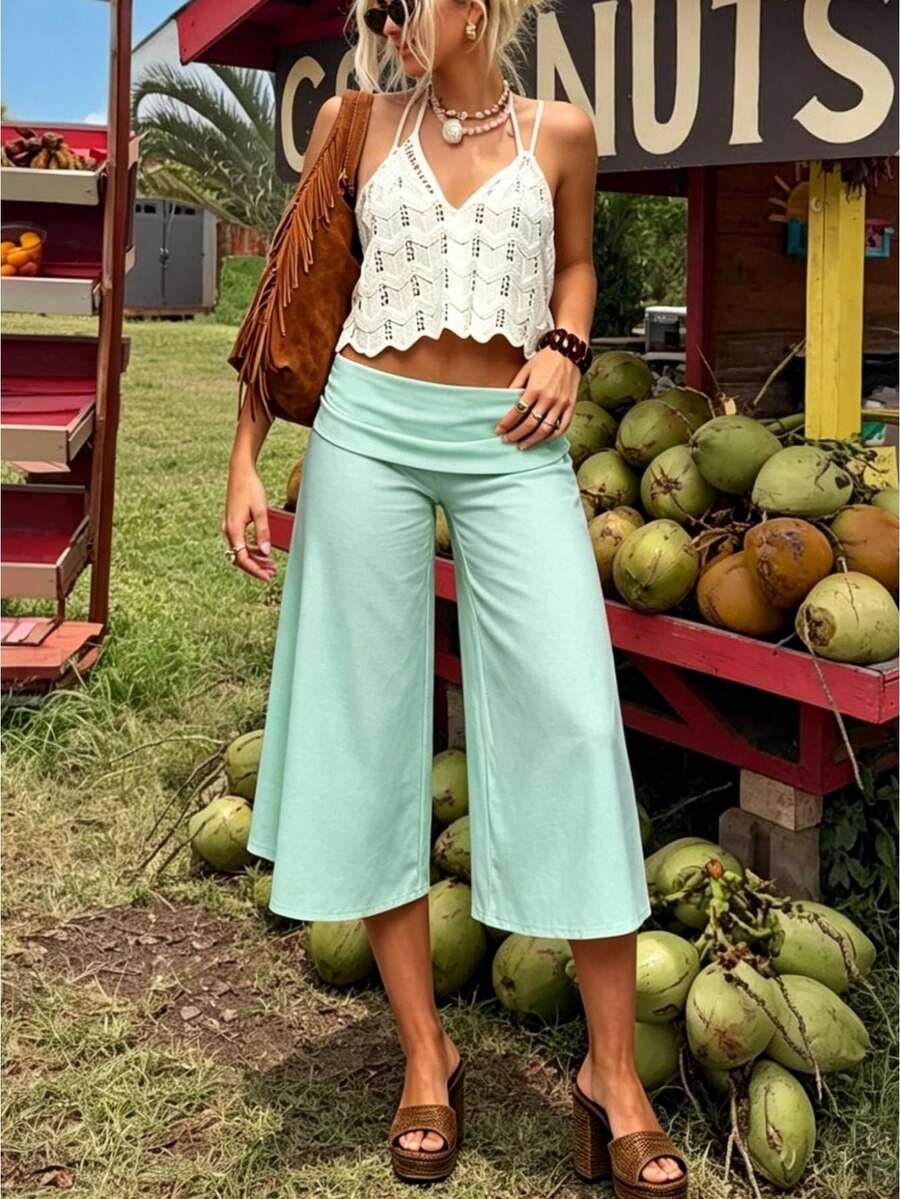 Fold Over Wide Leg Capri Pants For Women Low Rise Lounge Yoga Flare Culottes Y2k Flowy Crop Palazzo Pants - 薄荷綠 - 查看 1