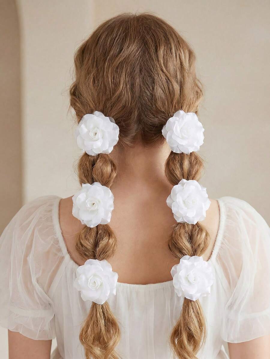 3pcs/6pcs Girls White Flower Hair Tie Set Combination Suitable For Daily Decoration - White - View 1