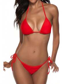 Women Two Piece Swimsuit Sexy Swimwear Halter String Triangle Bikini Sets - 紅色 - 查看 1