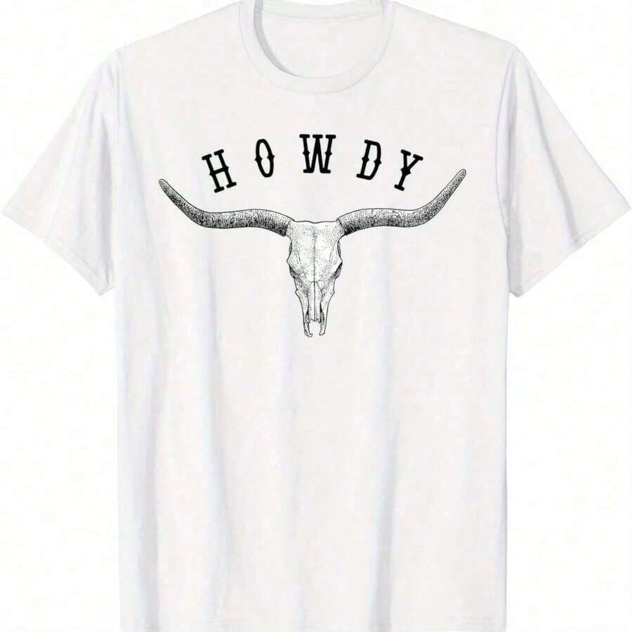 Howdy Putos Camiseta Gráfica de Calaveras de Toro Estilo Vaquero del Oeste, para Todas las Temporadas, 220g Algodón, Impresión a una Cara, Cuello Redondo, Manga Corta - Burdeos - Ver 1