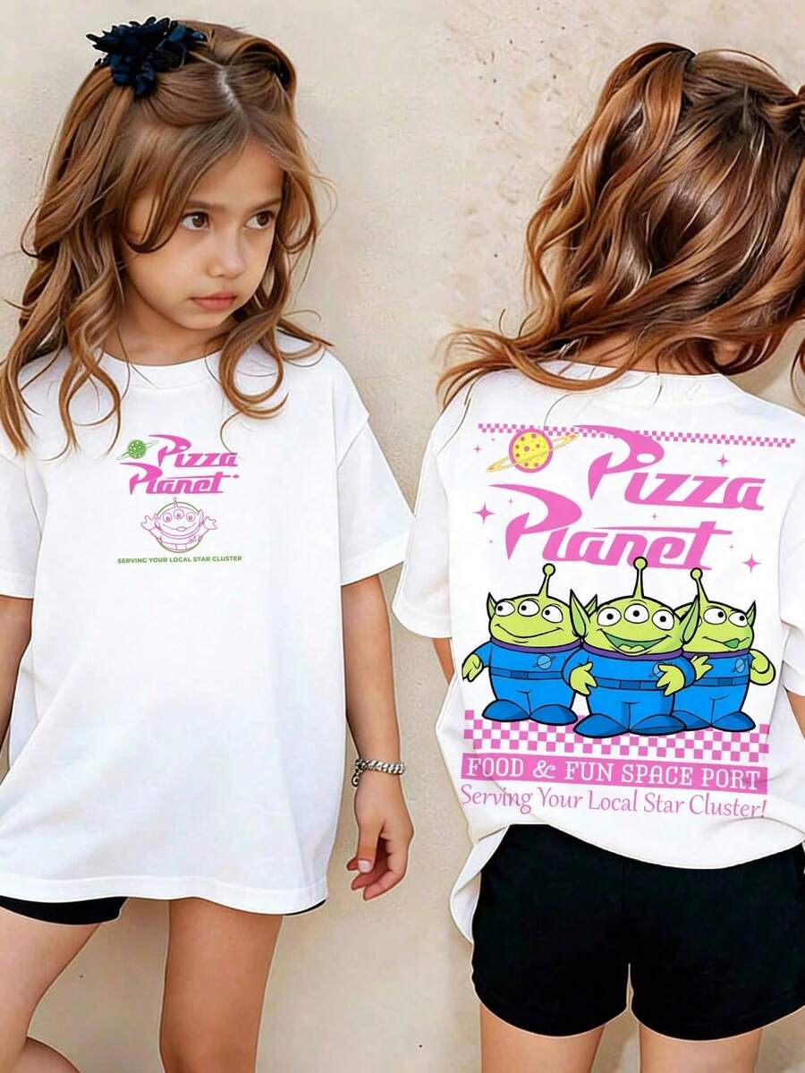 Disney Soft And Breathable Pure Cotton Girls' T-Shirt - Featuring A Cute "Toy Story" Alien And Pizza Planet Plaid Print - Casual Short-Sleeve Kids' Tee - White - View 1