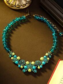 Collier et boucles d'oreilles à clous en strass style océan vintage usé avec étoile de mer et coquillage, bijoux de style vacances au design de niche de luxe léger, polyvalent pour banquet, fête, trajet quotidien, cadeau d'anniversaire pour petite amie et meilleure amie, accessoire exagéré lourd de style européen et américain, essentiel pour l'ambiance photo de plage - Multicolore - Voir 10