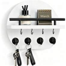 Wall-Mounted Key Rack - 9.8 Inch Apartment Wall Decor With Shelf And 8 Key Hooks, Round Wooden Key Holder, Home Decoration - 5 Hooks - View 12