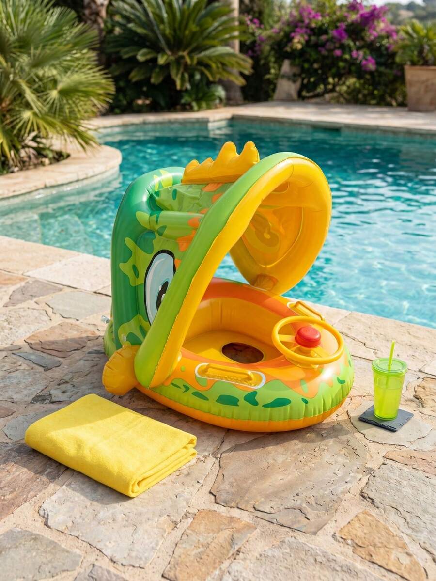 Children's Swim Ring, Dinosaur Shaped Inflatable Swim Ring With Adjustable Sunshade, Inflatable Swim Ring With Backrest And Handle Seat, Suitable For Children's Beach Toys Summer Use - Yellow - View 1