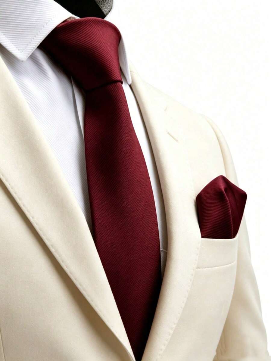 1 buah Set Dasi dan Sapu Tangan Saku Pria 8cm Bertekstur Emas, Set Dasi Pengantin Pria untuk Pesta Pernikahan - Burgundy - View 1