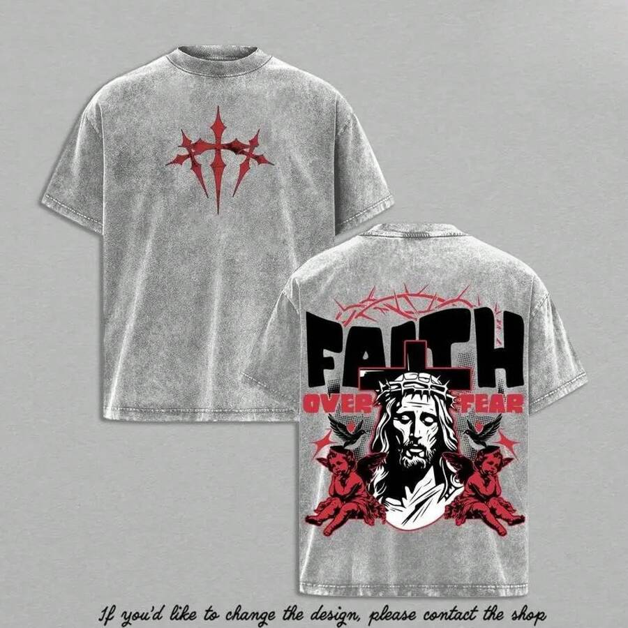 Faith Over Fear T-Shirt, Jesus | Christian Graphic T-Shirt Of The Cross Of Thorns | Angel Print With Vintage Wash Effect | Bold Streetwear | Shirt - 深灰色 - 查看 1