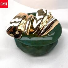 GNIT Green Marbled Faceted Resin & Asymmetric Fold Gold Cuff Bracelets For Women, 3PCS/1pc Chunky Stackable Open Bangle Vintage Statement Jewelry Set - Peacock Blue. Peacock Blue. Gold - View 2