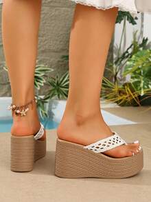 Sandalias de cuña con plataforma y correa trasera, zapatos versátiles que aumentan la altura para mujeres - Blanco - Ver 3