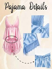 Customized Name Lace Trim Satin Pajama Set, Personalized Camisole Top & Shorts Lingerie, Bridal/Bridesmaid Sleepwear - Multicolor - View 9
