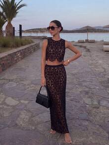 Elegant Crochet Black Hollow Out 2pcs Set Women's Outfit, Sexy Sleeveless Crop Top, Perfect Choice For Summer Party Attire. Wedding - Black - View 4