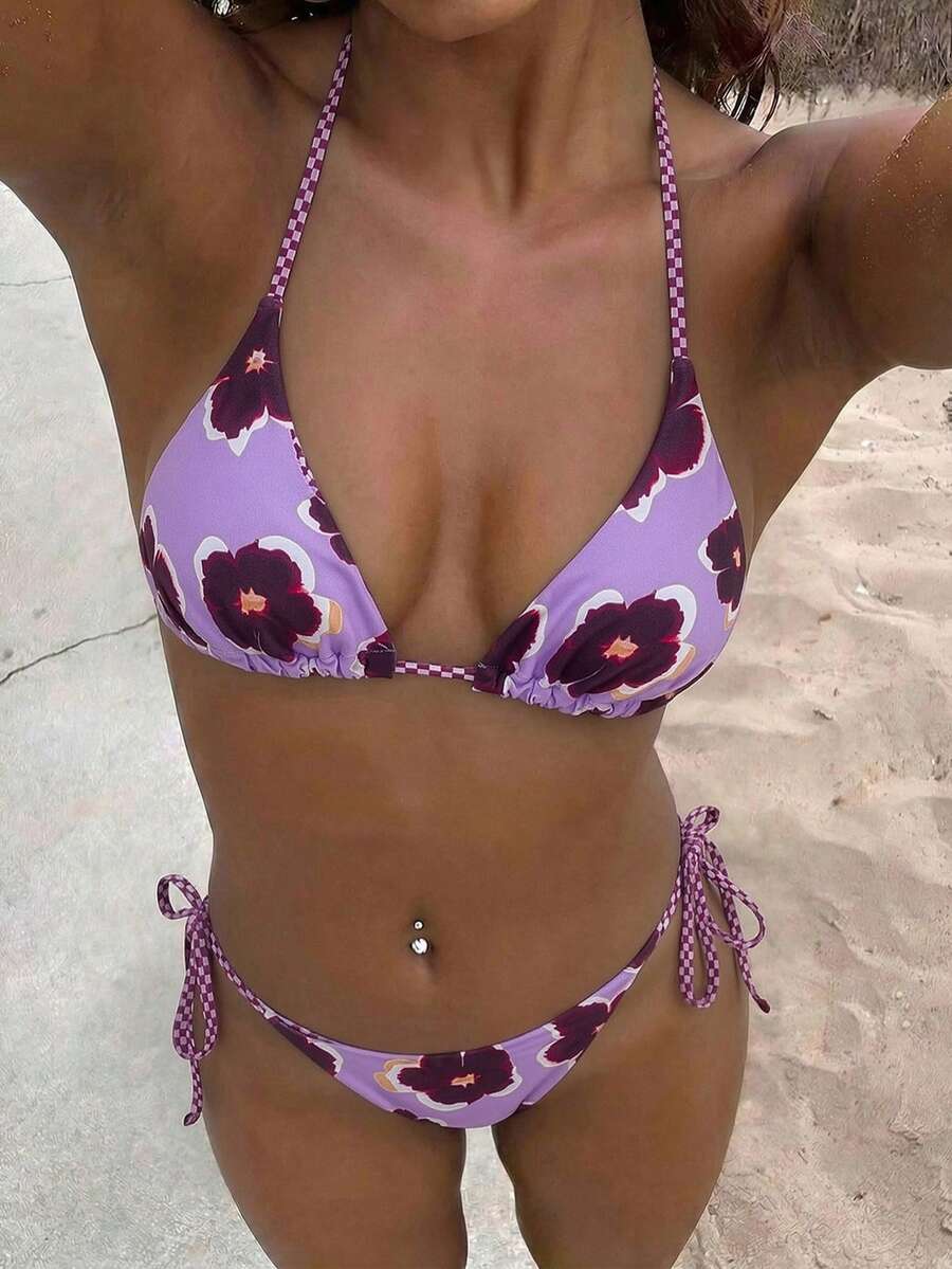 2 món đồ bơi nữ, Bộ sưu tập 2026, hoa nhí hồng nhạt, áo bikini dây mảnh, quần bơi thắt nơ phía trước, dây kẻ caro đi du lịch - Màu Lilac Tím - Xem 1