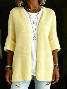Women's Loose Knit Cardigan, Buttonless Open Front Casual Versatile Knit Sweater Outerwear, Autumn/Winter - Yellow - View 6
