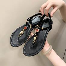 Women's Emerald Green Flat Sandals With Sparkling Rhinestones, Thimble Flip Flops With Elastic Back Strap, Elegant Shoes For Beach Parties And Casual Summer Wear - 708黑色 - 查看 1