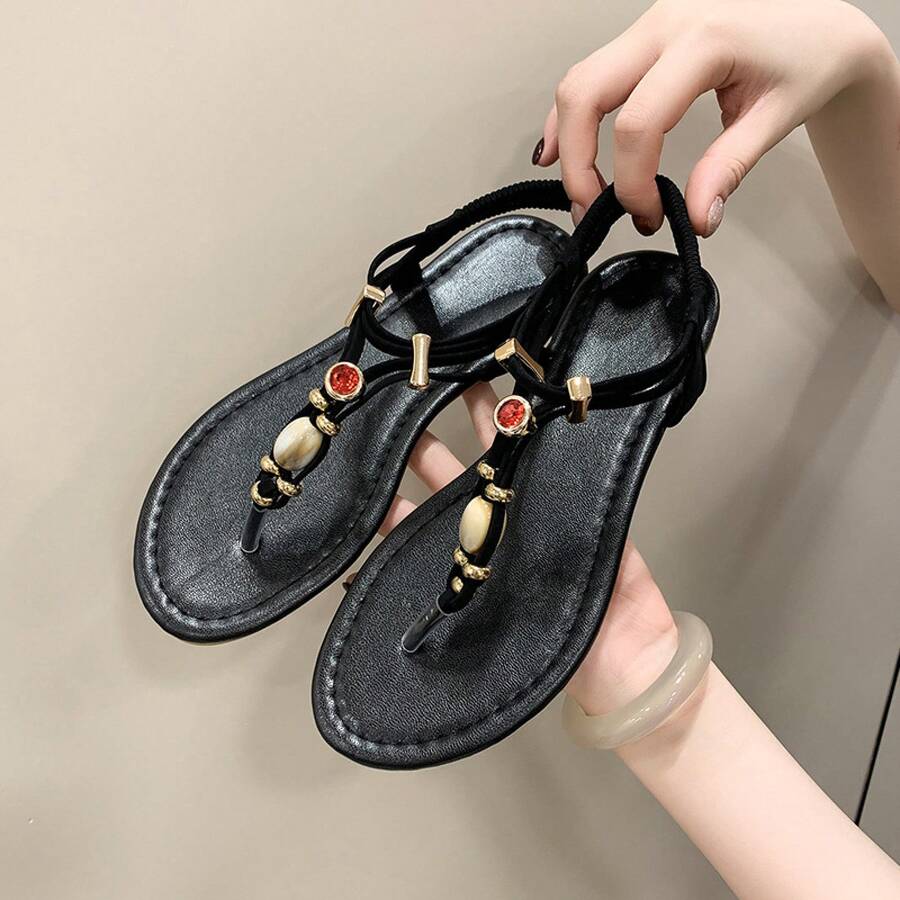 Women's Emerald Green Flat Sandals With Sparkling Rhinestones, Thimble Flip Flops With Elastic Back Strap, Elegant Shoes For Beach Parties And Casual Summer Wear - 708黑色 - 查看 1