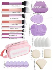ronshadow 28pcs Makeup Tool Set, 8pcs Long Handle Makeup Brushes With Triangle Powder Puff, Makeup Sponge, Silicone Brush Cleaning Pad, Portable Storage Bag, Loose Powder Brush, Angled Blush Brush, Flat Foundation Brush, Eyeshadow Detail Brush, Complete Makeup Tool Kit - Multicolor - View 11