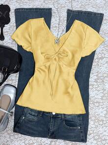 Blusa informal de mujer con nudo delantero de unicolor, para verano - Amarillo claro - Ver 1