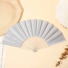 亮銀白色摺扇，夏季海灘扇，便攜式扇子，嘉年華必備配件，海灘配件，適用於節慶、婚禮與旅行 - 銀色 - 查看 7