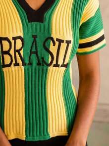 Women's Blouse Brazil Ribbed Knit Short Sleeve V-Neck Front Print Sporty Casual Knit - 黃色 - 查看 7