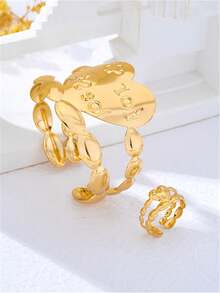 2pcs/Set New Exquisite Metal Letter Heart Open Women's Bracelet & Ring Set, Mother's Day Valentine's Day Gift - Yellow Gold - View 7