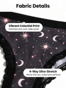 Dircho 1 pièce Tanga avec imprimé Soleil & Lune et bordure en dentelle, culotte confortable taille basse pour femmes - Multicolore - Voir 3