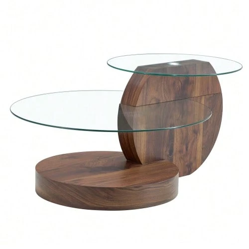Mesa de centro moderna y minimalista de dos niveles, con estructura de cristal templado de alta calidad y acabado efecto mármol blanco y negro. Disponible en varios colores. - Caqui - View 1