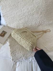 女款夏季草編斜背包，鏈條編織海灘托特包，手工錢包，1個草編托特包，海灘度假包 - 米色 - 查看 10