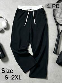 1Pc Versatile Drapey Men's Wide Leg Pants, Contrast Waistband Drawstring Design Black Knit Loose Daily Casual Sweatpants - Black - View 9
