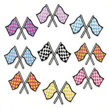 1pc/8pcs Set Cross-Border Black & White Plaid Fabric Sticker Decoration Colorful Plaid Hand-Held Flag Banner Computer Iron-On Embroidery Patch Applique - Checkered Flag Patch - View 22