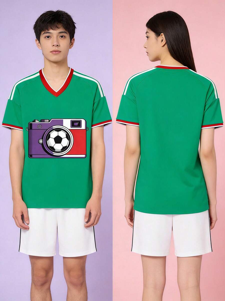 Camiseta de fotografía de fútbol con mangas cortas verdes y mezcla 100% - Verde - Ver 1