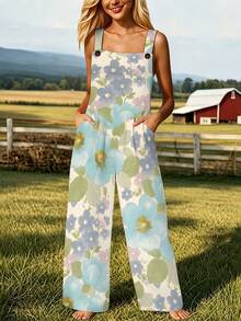 Watercolor Style Large Flower Print Women's Adjustable Strap Overalls Regular Women's Clothing, Women's Jumpsuits & Rompers, Women's Jumpsuit - 彩色 - 查看 1