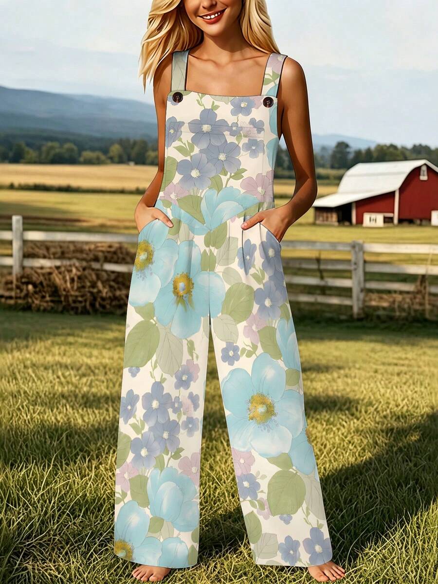 Watercolor Style Large Flower Print Women's Adjustable Strap Overalls Regular Women's Clothing, Women's Jumpsuits & Rompers, Women's Jumpsuit - 彩色 - 查看 1