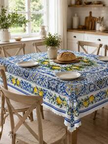 1 pieza Mantel multifuncional con patrón floral de limón fresco y azulejo azul mediterráneo Capri, material de poliéster, adecuado para decoración del hogar en todas las estaciones, regalo de boda, reunión familiar, fiesta de vacaciones y decoración de mesa de comedor - Multicolor - Ver 1