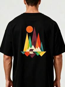 Camiseta de Hombre 100% Algodón con Estampado Geométrico de Oso y Sol en Montaña y Bosque - Suave, Transpirable, para Todas las Temporadas, de Manga Corta, con Gráficos Vibrantes en Verde y - Negro - Ver 8