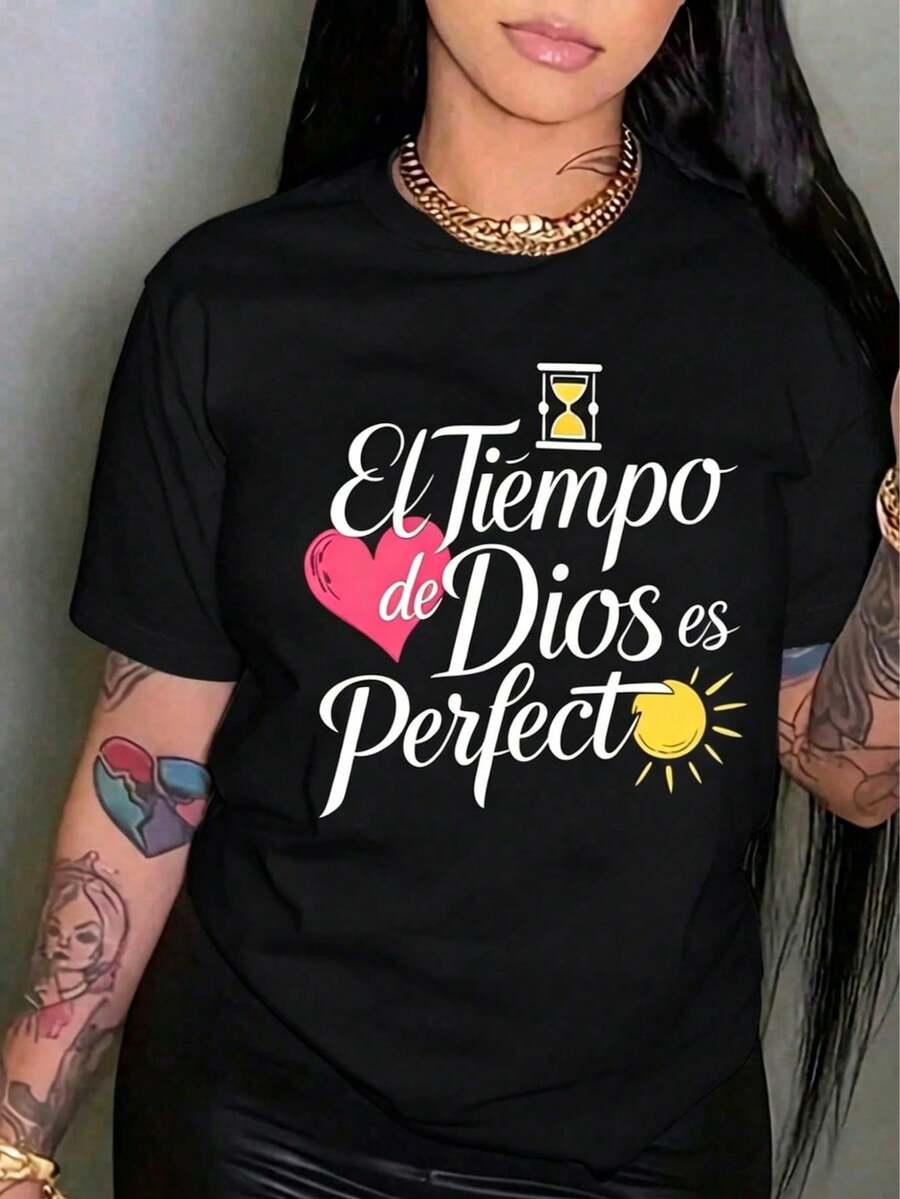 Camiseta de manga corta de moda para primavera y verano de 2026, hecha en México, 180 gramos. Estampado de dibujos animados, modelo de pareja, apta para uso interior o exterior - Negro - Ver 1