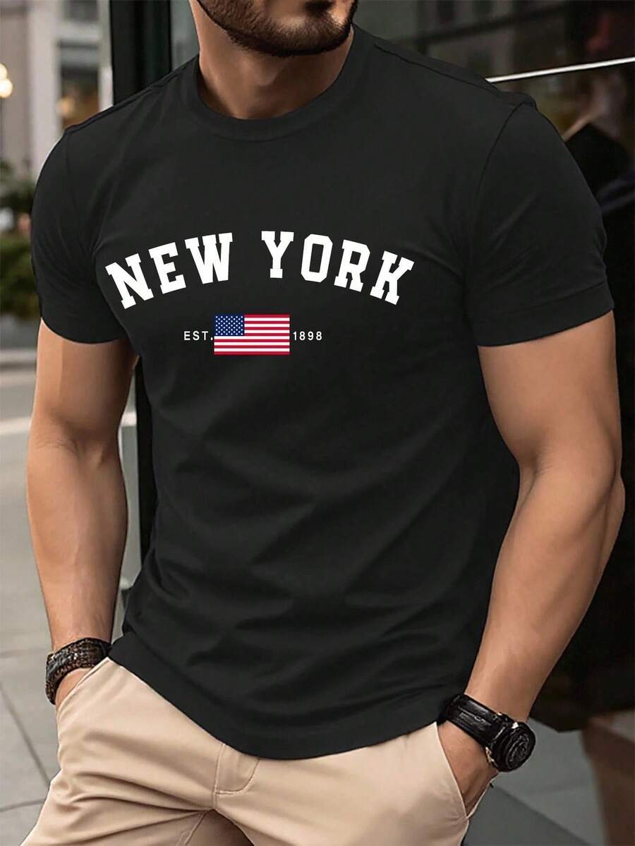 Men's Clothing Set, Men's Summer Shirt, Men's T-Shirt, Men's Summer Clothes, Men's Crew Neck Short Sleeve Letter Graphic Casual T-Shirt, Summer - 黑色 - 查看 1