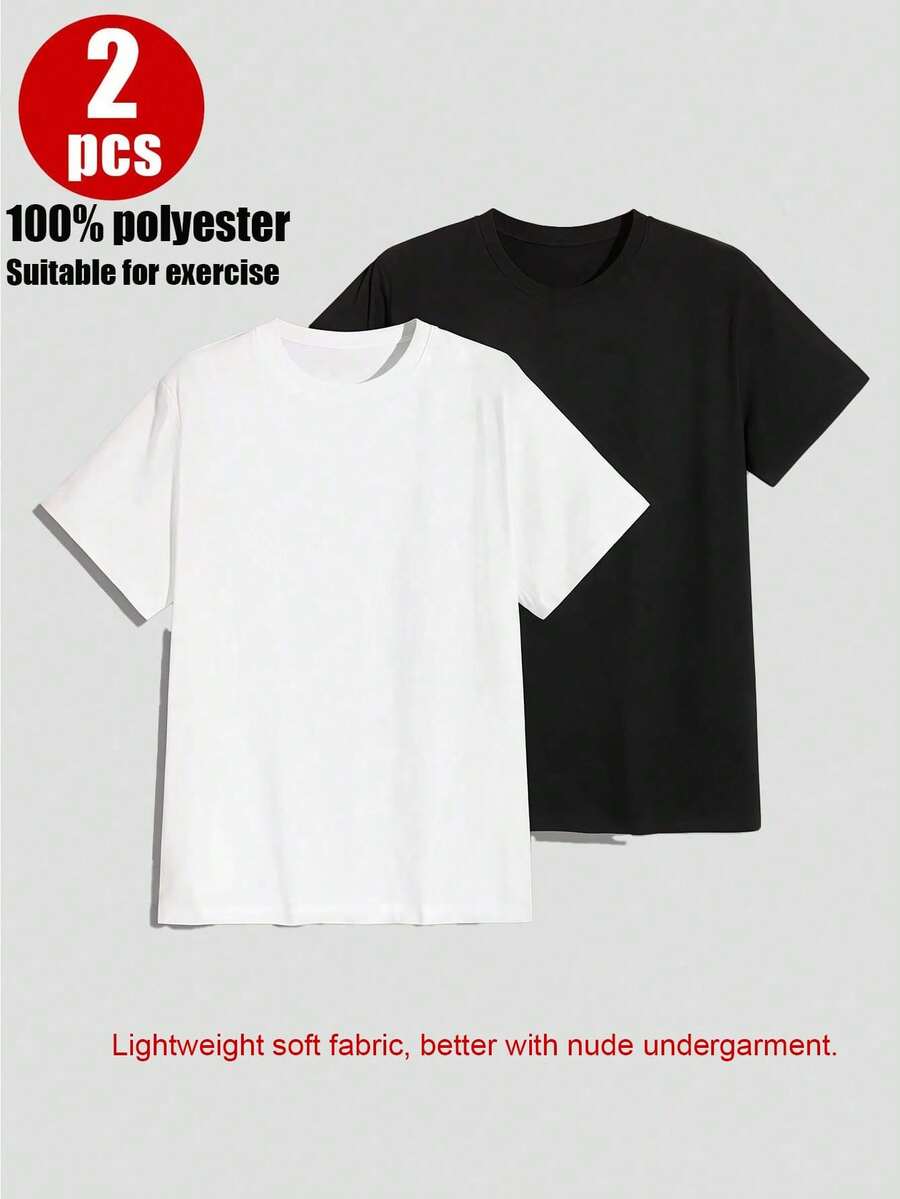 2Pack/Set Basic Black Crew Neck Tees Soft Polyester Breathable Fabric Short-Sleeve Crew Neck Tee, Versatile Layering Essential, Casual Basic Top - 黑與白 - 查看 1